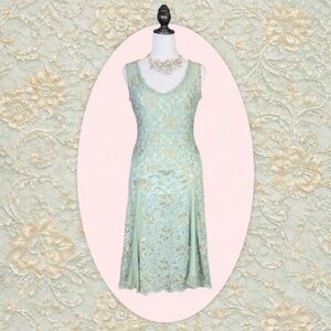 Vintage Heart Moon Star Retro 90s Blue Mint Gold Metallic Lace Midi Dress Size L